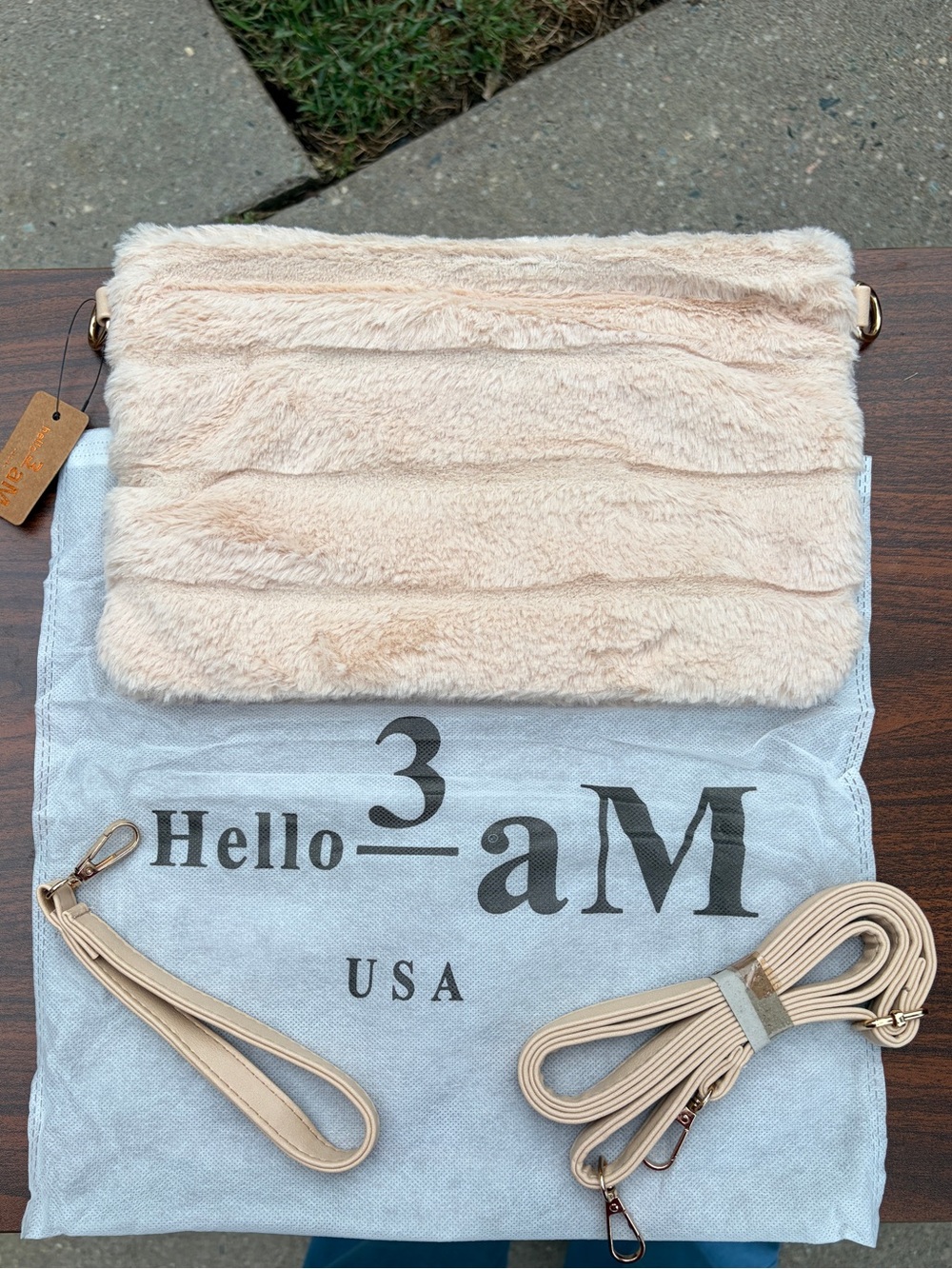 Hello 3AM Beige Faux Fur Clutch Crossbody Wristlet Purse NWT